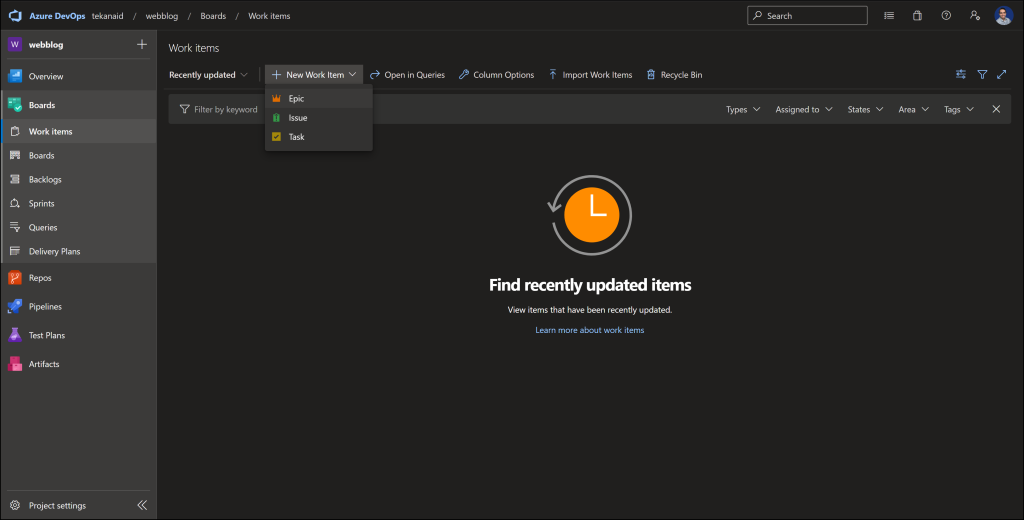 New Work Item in Boards