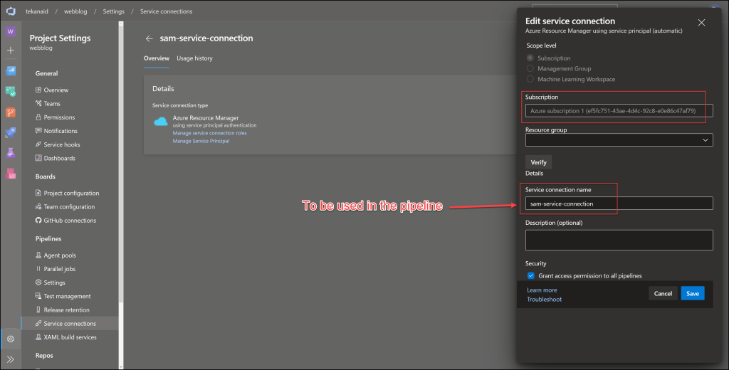 Service Connection Details