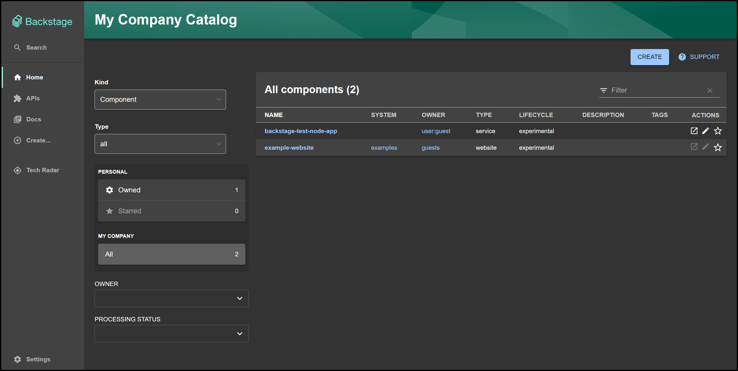 Backstage UI Home Page