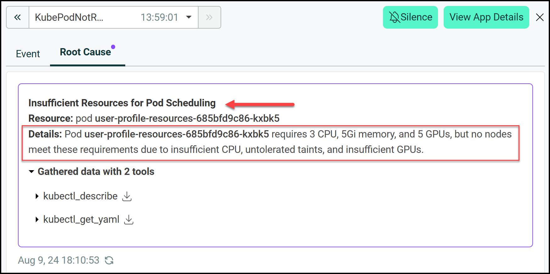 Robusta UI showing the root cause for scenario 2