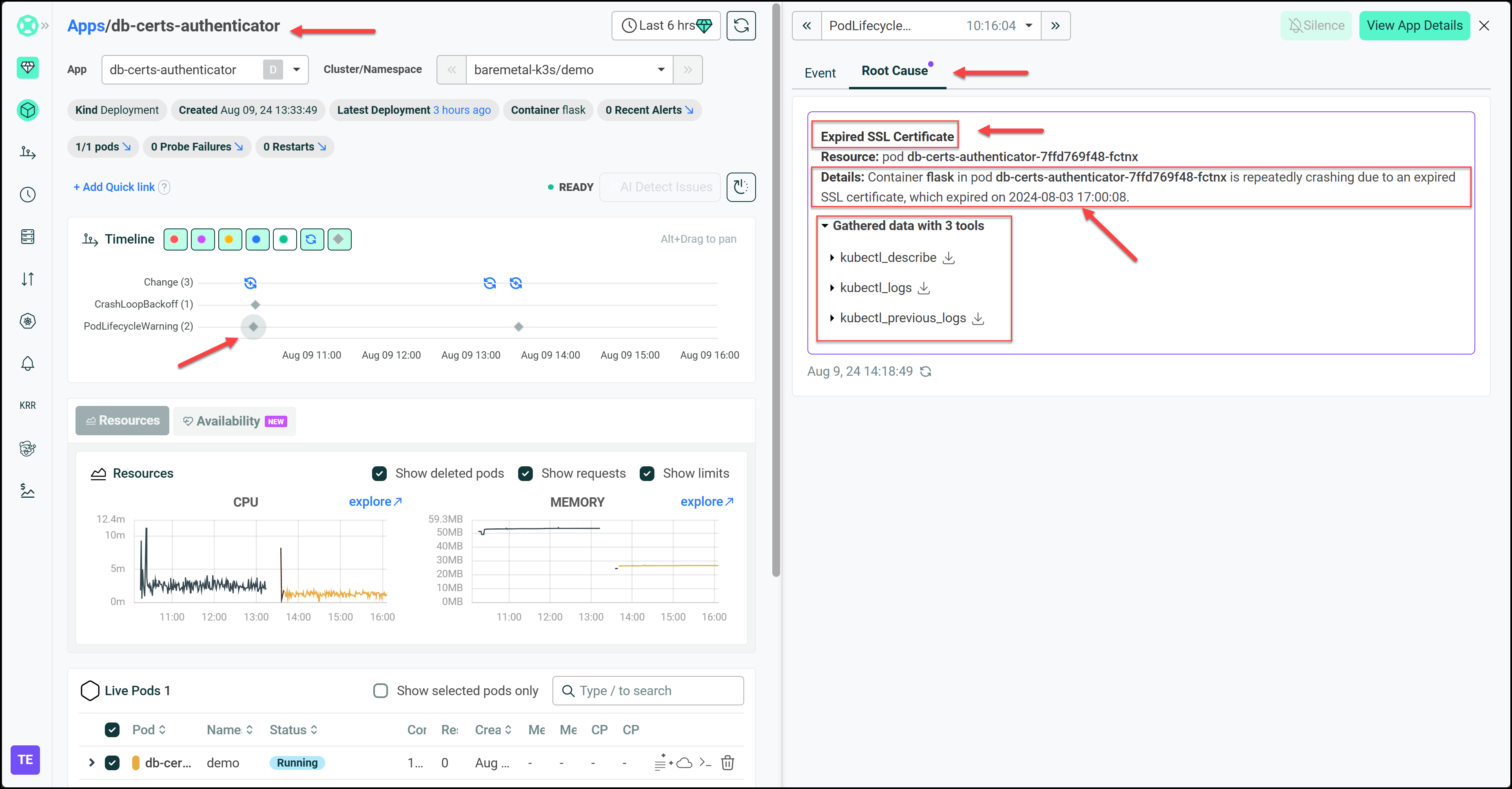 Root Cause in Robusta UI for Scenario 1
