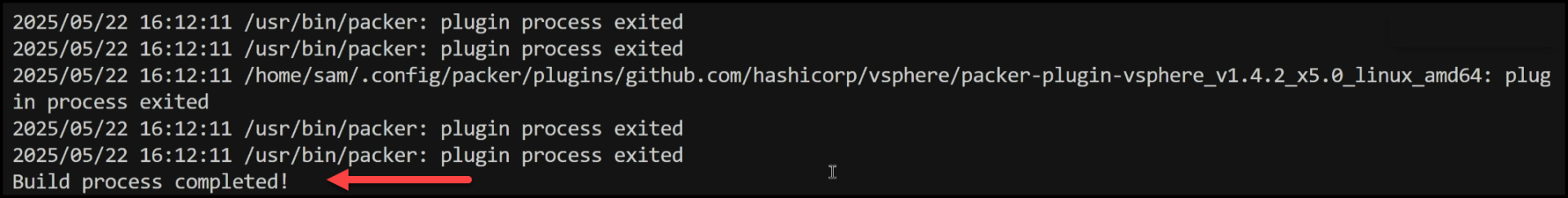 Efficient VM Creation: Packer on Ubuntu 24.04 for vSphere 6 CLI showing Packer build is complete