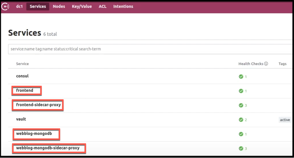 Webblog App Part 3 - Consul Connect Service Mesh 47 Consul Dashboard Showing Registered Services with their Sidecar Proxies