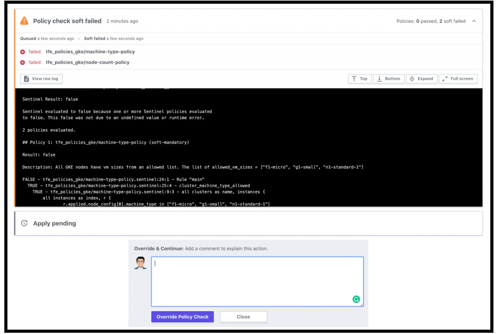 Sentinel Policy Check Failed