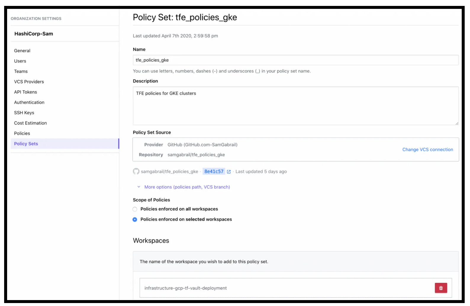 Sentinel Policy Set Applied to the Vault Deployment Workspace