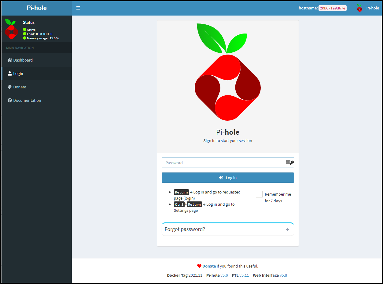 Pihole Docker Login Page