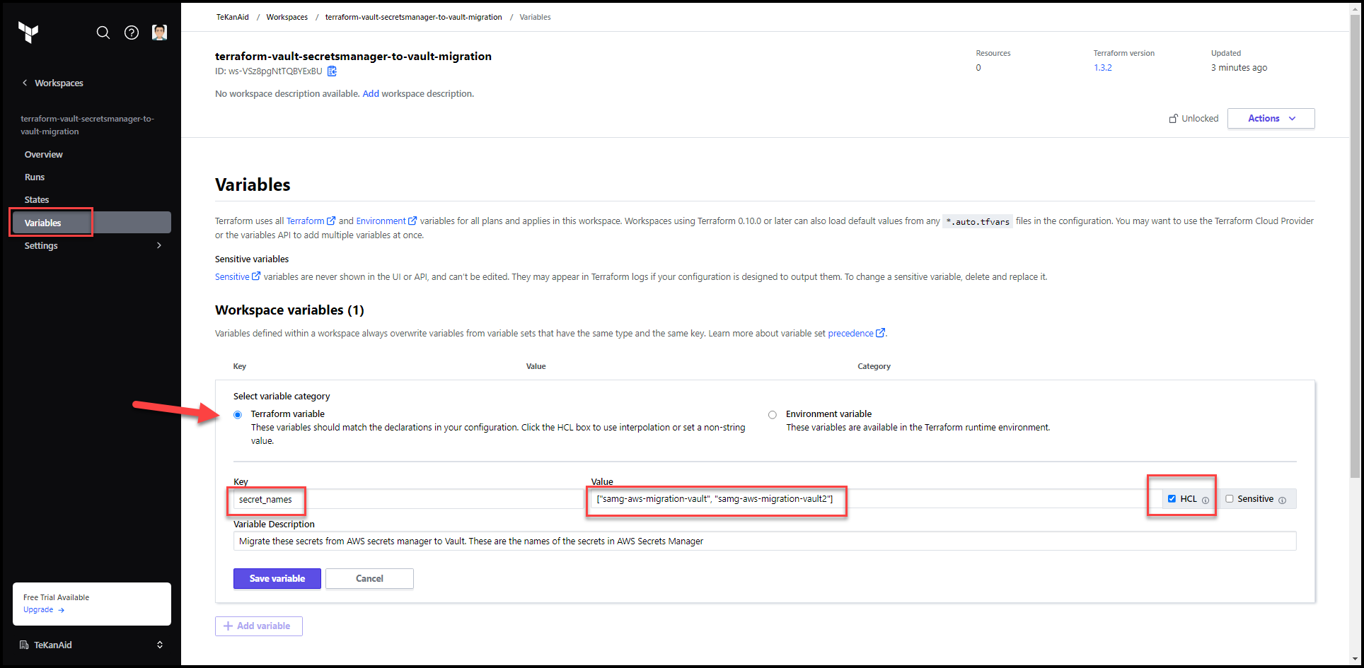 Migrate Secrets from AWS Secrets Manager to HashiCorp Vault with Terraform 101 Populate Variables