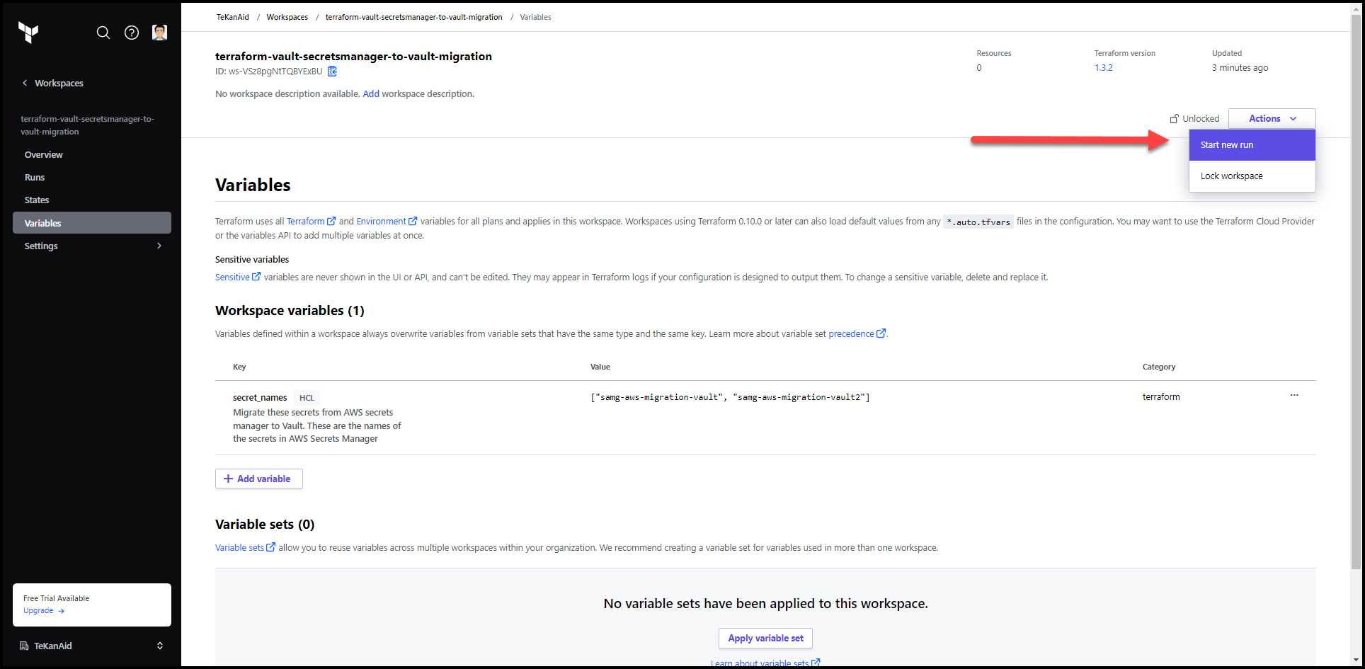 Migrate Secrets from AWS Secrets Manager to HashiCorp Vault with Terraform 137 Start a New Terraform Run