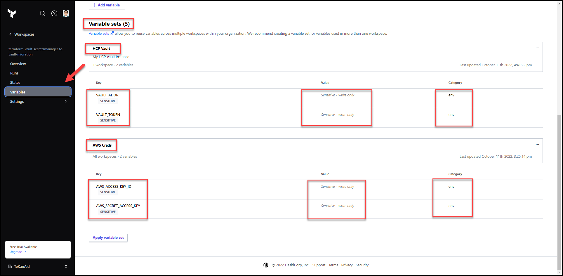 Migrate Secrets from AWS Secrets Manager to HashiCorp Vault with Terraform 110 Using Variable Sets